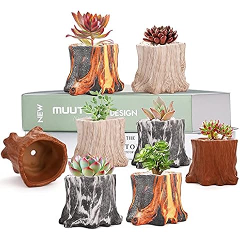 YOUEON 8 Pack 7cm Tree Stump Succulent Plant Pots Ceramic Succulent Planter Small Succulent Pot with Drainage Decorative Flower Pot for Air Plants, Catus Plant, Pot Indoor Tree, Home Decor 4 Colors Cover