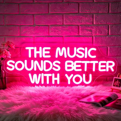 Image of Neon Sign, The Music Sounds Better with You Neon Signs for Wall Decor Neon Pink LED Signs Room Neon Light Up Signs Home Decor for Business Bedroom Club Party Bars Shop USB Operated