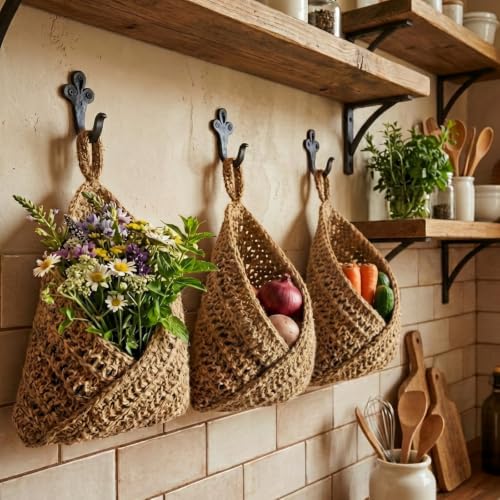 Image of Honeydak 3 Hanging Baskets, Linen, Triangle, Jute