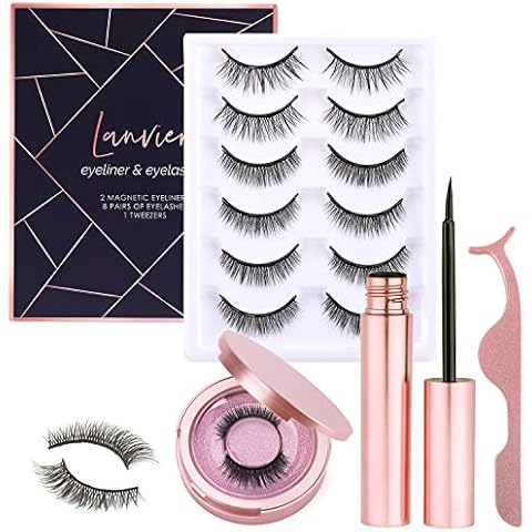 [8 Pairs] Magnetic Eyelashes with Magnetic Eyeliner Kit, LANVIER Reusable 3D False Eyelashes Lashes Extension with 2 Tubes of Eyeliner - Black Cover