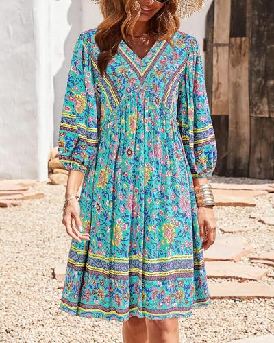 Image of BTFBM Women Casual Spring Summer Dresses V Neck 3 /4 Long Sleeve Ruffle Floral Flowy Boho Babydoll Mini Short Beach Dress