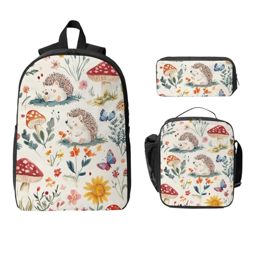 Hedgehog Backpacks 3 Pcs Multifunction High capacity Travel Backpack with Fun Graphic Cartoon Print for Outdoor Hiking and Travel