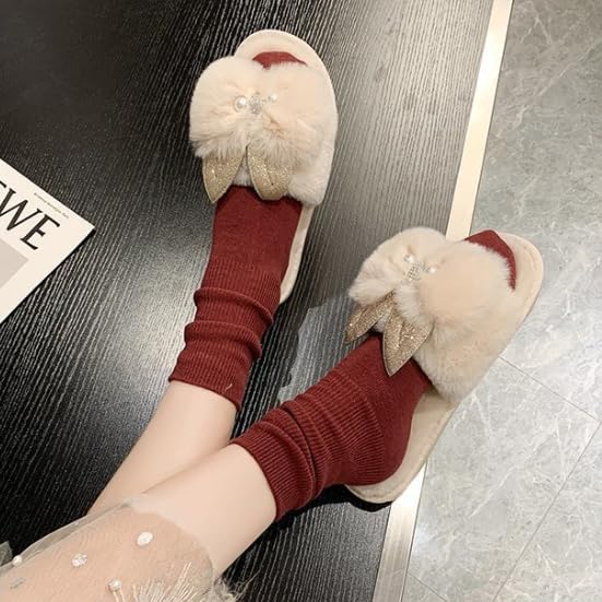 Rabbit Ear Slippers for Woman Bowknot Open Toe Fuzzy Slipper Fuzzy Plush Soft Warm Home Bedroom House Shoes4
