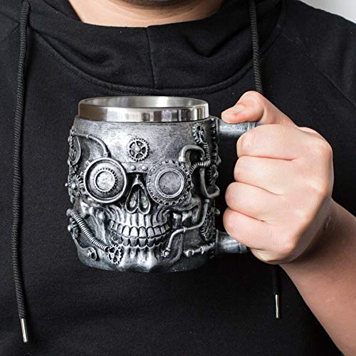 Steampunk Skull Beer Coffee Mug - Mechanical Gearwork Pipeline Beer Stein Tankard - Viking Drinking Stainless Steel Cup 14oz - Ideal Novelty Gift Themed Party Decoration