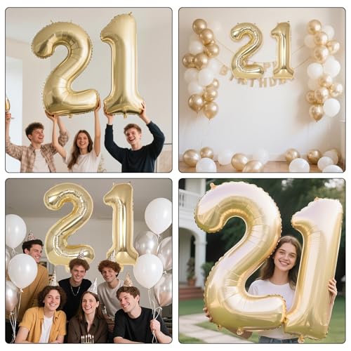 Image of Champagne Gold Large Number 21 Balloon, 40 Inch Light Gold Foil Helium Number Balloons, Giant Mylar Number 21 Balloons for 21 Years Old Birthday Party Anniversary Decorations (Champagne Gold 21)