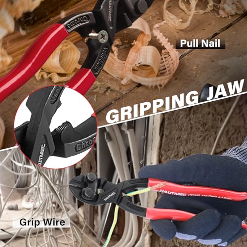 Image of HAUTMEC 8 Inch Mini Bolt Cutters, High Leverage Diagonal Cutting Pliers with 20 Angled Head, CRV Steel Nail Puller Pliers Tool for Pulling or Cutting Nails, Small Bolts and Wires, HT0468