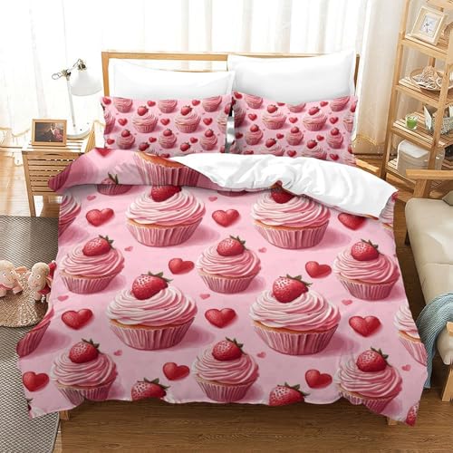 ZHUXIAOGAO Dessert Créatif Housse de Couette 3D Imprimée Microfibre Ensemble de Linge de Lit Cupcake Fraise Décoration Chambre Adulte Jeune nan
