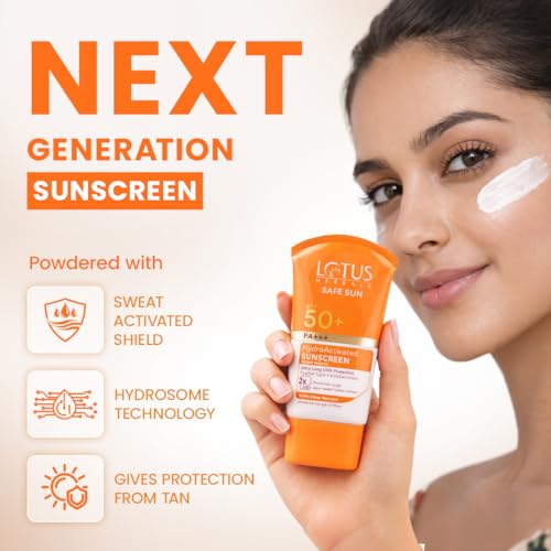 Image of Lotus Herbals Safe Sun HydroActivated Sunscreen SPF 50+ PA+++ | 2X Protection from Sun and Tan | In-Vivo Tested | No White Cast | 10-Hr Water Resistant | for Women and Men | All Skin Types | 50ml