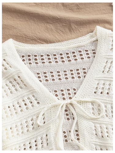 SHENHE Women's Tie Front Hollow Out Cover Up Summer Boho Knit Cardigan Crop Tops4