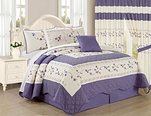 All American Collection New 6pc Embroided Floral Bedspread/Quilt Set (6PC Cal King Size, Purple)