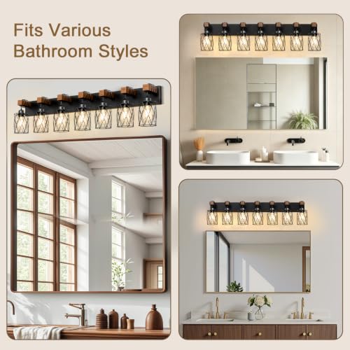 Image of IZORRO Farmhouse Bathroom Vanity Light, 7-Light Wood Bathroom Light Fixtures Over Mirror, Black Industrial Vanity Lights with Metal Shade, Rustic Restroom Lighting Fixtures