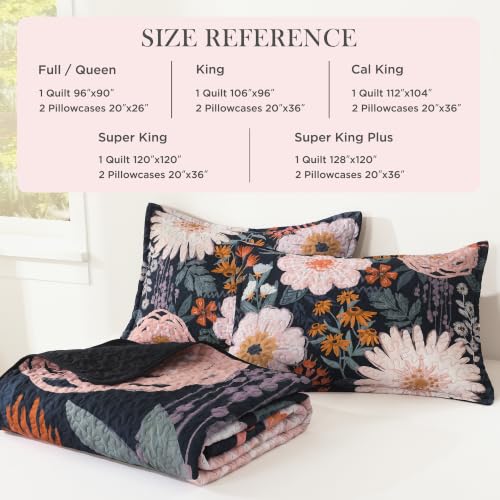 Image of Andency Floral Boho Quilt Super King Plus Size Bedding Set Navy Blush,3 Pieces Farmhouse Flower Botanical Bedspreads with 2 Shams, Soft Reversible Polyester Coverlet Set for All Season, 128 inchx120 inch