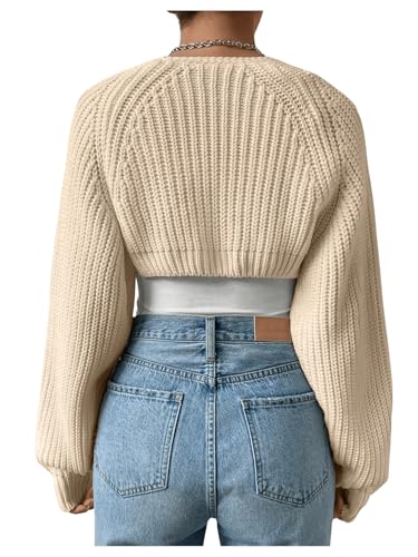 Image of RoseSeek Women's Cropped Cardigan Sweaters Long Sleeve Open Front Bolero Shrugs Casual Knit Tops Apricot Plain Large