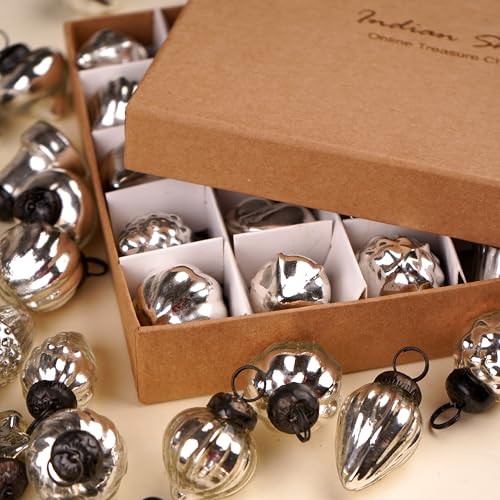 Image of IndianShelf 25 Pieces Silver Glass Vintage Christmas Ornaments Mini Bulk Decorative Ornaments for Halloween, Christmas Tree, New Year, Valentine Day, Holidays, Event and Wedding (25 * 1 Boxes)