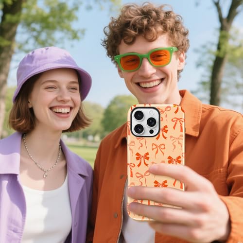 Image of Magnetic for iPhone 16 Pro Max Case for Women Men, Orange Bow | Cute Ribbon Bow Pattern Design [Compatible with MagSafe] 2-Layer Hybrid Shockproof Glossy Protective Cover