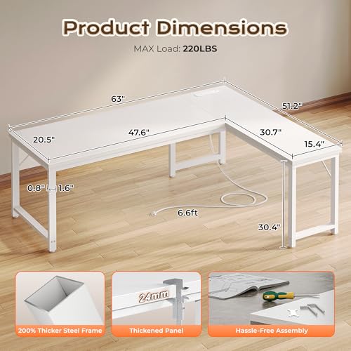 Huuger 63 Inch L Shaped Desk with Power Outlets and USB-C Port, Reversible Computer, Larger Office Corner Gaming Desk, 0.95 Inch Thicker Desktop, Metal Frame, for Home Office, Study, White
