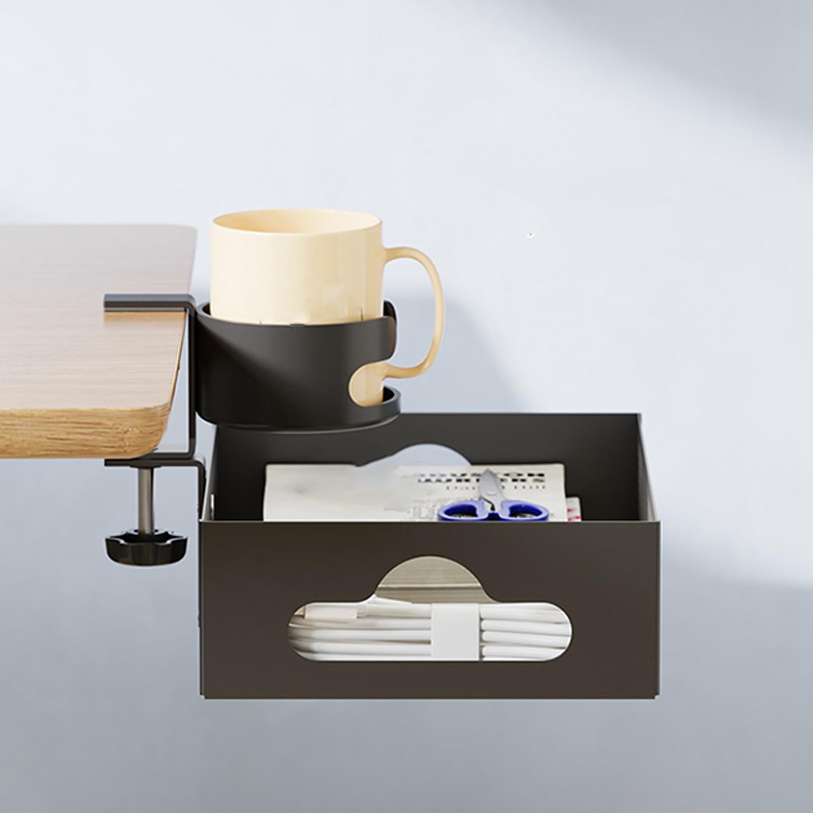 Generisch Under Desk Organizer, Storage Drawer, Rotating Stationery Shelf, Built-In Cup Holder, Ideal for Space Saving Desk Solution, 10.31x7.68x2.95 pulgadas, Black Color, 1 Set