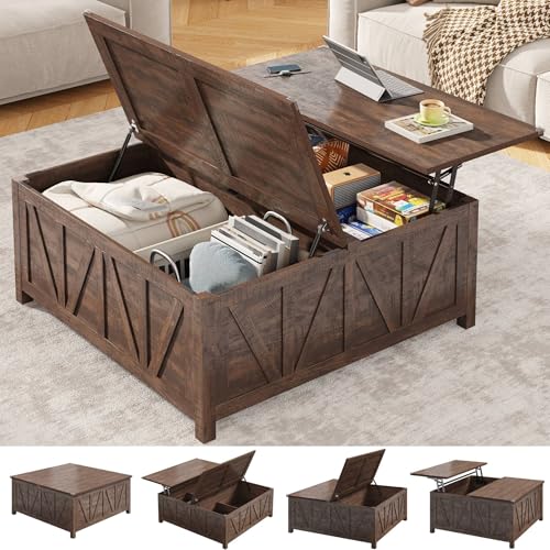chartustriable 43.3“ Lift Top Coffee Table with Storage, Farmhouse Coffee Table with Large Hidden Storage Compartment and Shelves，Square Center Tables for Living Room, Tea Table Dark Brown