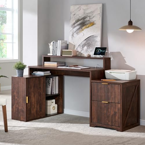 Image of 67 inch Modern Desk with Storage Cabinet & 2 Drawers, Built‑in Outlet | L Shaped Desk with Storage, Wood Home Office Desk, storage cabinet with sliding doors, Dark Walnut