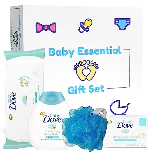 Image of Dove Baby Baby Gift Set with Baby Lotion, Baby Shampoo, Baby Bar Soap and Baby Wipes With Baby Bath Poof, Daily Care Newborn Baby Essentials Set, 4 Piece Gift Set