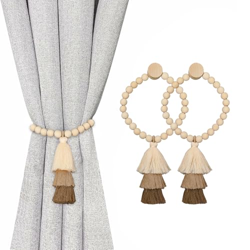 2 Pack Handmade Wooden Bead Curtain Tiebacks with Tassel, Simple Elegant Magnetic Curtain Holdbacks for Drapes in Bedroom, Nursery, Living Room (Coffee Brown)