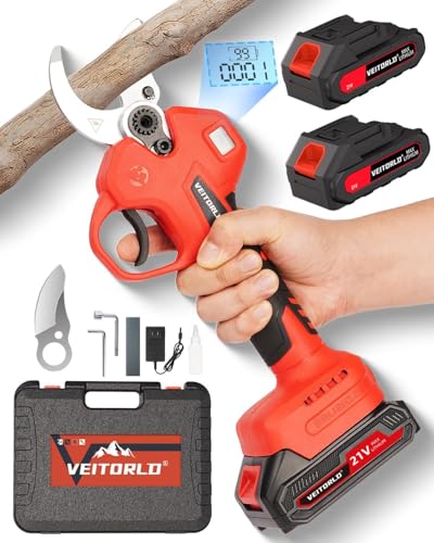 Veitorld Astschere, 40MM Gartenschere mit 2 Akku 2000mAh, Bürstenloser Motor Baumschere, Kabellose Elektrisch Garten Schere mit LED-Schnittzählerm, Verstärktes Schutz-Geschenke für Männer Weihnachten