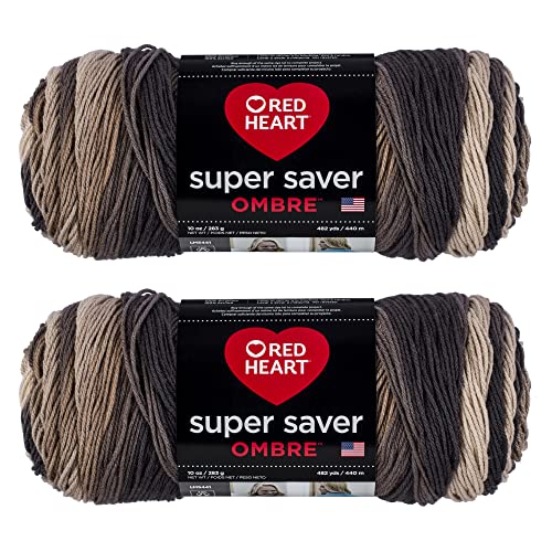 Red Heart Super Saver - Hilo jumbo de nogal degradado, paquete de 2 de 10 onzas, acrílico, 4 medianos (peinado), 482 yardas, tejido/ganchillo