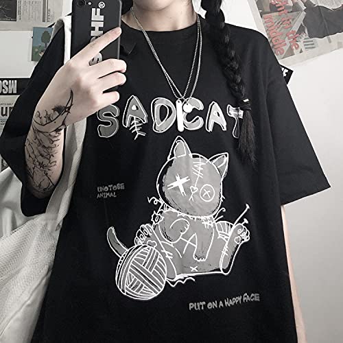 Women's Goth T-Shirt Summer Graphic Harajuku Gothic Creepy Cat Print Novelty Short Sleeve Top3