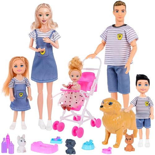 dollbie Kit de jeu familial de poupées avec poussette - 6 personnes, animaux domestiques et accessoires pour enfants de 3 à 12 ans - Cadeau pour enfant avec...