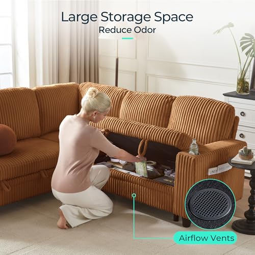 Image of LINSY HOME Sectional Sleeper Sofa with Pull Out Couch Bed - Convertible Plush Corduroy Cloud Couch with Storage Chaise & USB Charging, Comfy Modular Couches for Living Room, Brown
