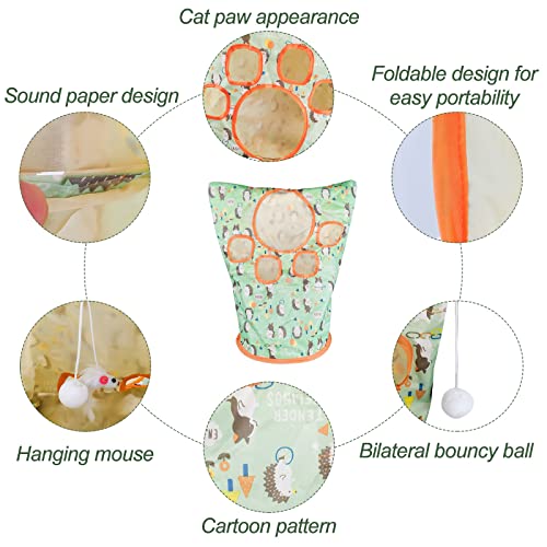 Andiker Cat Tunnel Bags for Indoor Cats, 13x17x12In Foldable Cat Crinkle Bag with 3 White Plush Balls and 1 Mouse 5 Holes for Kitten to Hide and Catch 3 Layers Cat Toy (Hedgehog)
