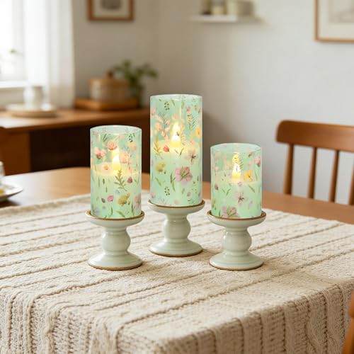Image of Flameless Candles with Remote Timer, Glass Battery Operated LED Candles, Green Floral Design, Cylindrical Shape, Set of 3 for Home Party Wedding Decor