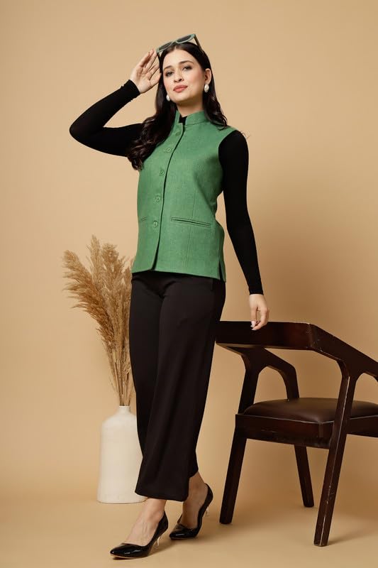 Image of Vastraa Fusion Solid Indian Traditional Ethnic Waistcoat Festive Woolen Nehru Jacket for Women