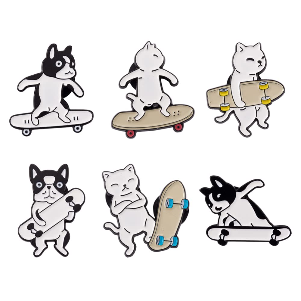 Cheriswelry 6Pcs Cat Dog with Skateboarding Enamel Pins Pet with Skateboarding Lapel Pins Cute Animal Brooch Pins 27-30.5mm for Clothes Bags Backpack Hats Decoration