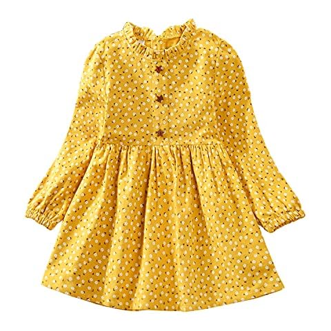 VINUOKER Toddler Baby Girls Floral Dress Long Sleeve Cotton Dress Fall Winter Midi Dress Little Girl Dress 2-6 Years, Yellow, 18-24 Months Cover