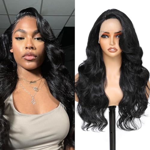 FABÉLLE Glueless Wig Side Part Body Wave Hair Synthetic Lace Front Wigs wear and go Natural Black Hair 13x4x1 HD Lace Front Wig -24inch