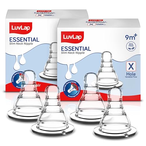 Image of LuvLap Anti-Colic Essential Teat /Nipple for Slim Neck Bottle,4Pcs Variable Flow, 9M+, Made ofSoft & Flexible Silicone, Mimics Breastfeeding, Leak Proof, Bpa Free, Comes with Sturdy Base
