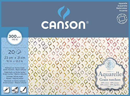 Canson Aquarelle - Bloc Encolado A 4 Lados, 23 X 31 Cm, 20 Hojas, 60% Algodón, Grano Grueso, 300 G