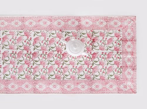 Image of Ravaiyaa - Attitude is everything Cotton Hand Block Printed Table Runner Bed Runner Table Bed Decor (White Pink Green Floral)
