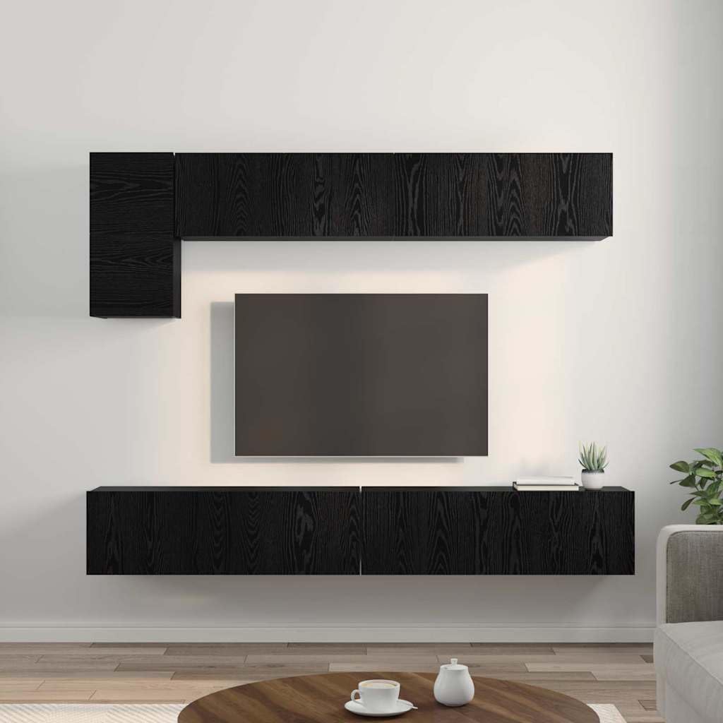 5-Piece Wall Mounted TV Cabinet Set, Black Oak | Features durable engineered wood and hinged doors, providing modern storage for living room media centers.