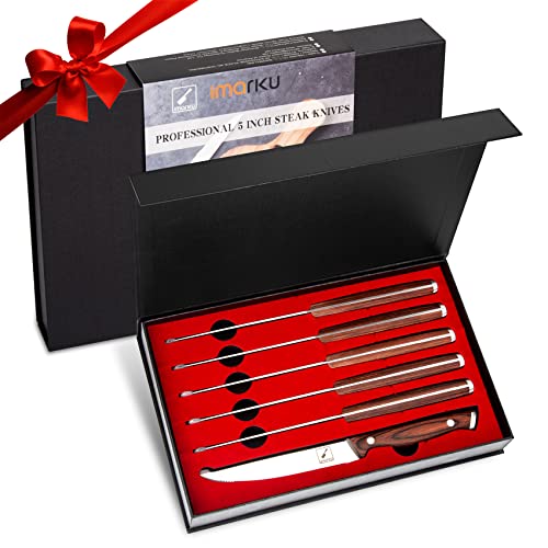 Image of imarku Steak Knives, Serrated Steak knives Set of 6, Japanese HC Steel Knife Set, Premium Serrated Carbon Stainless Steel Steak Knife with Gift Box,9 Inches /Piece, Silver
