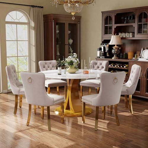 Image of 7-Piece Dining Table Set with 47In Faux Marble Table and 6 Velvet Upholstered Chairs, Modern Scandinavian Furniture for Dining Room Kitchen(Beige&Gold)