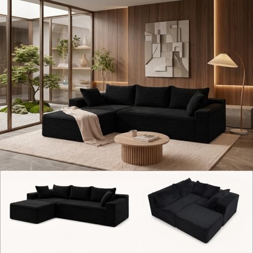 Claiks 94' Boneless Couch, Cloud Couch Sectional, L-Shape Corduroy Modular Sectional Sofa Deep Seat, Upholstered Couches for Living Room, No Assembly Required, Jet Black