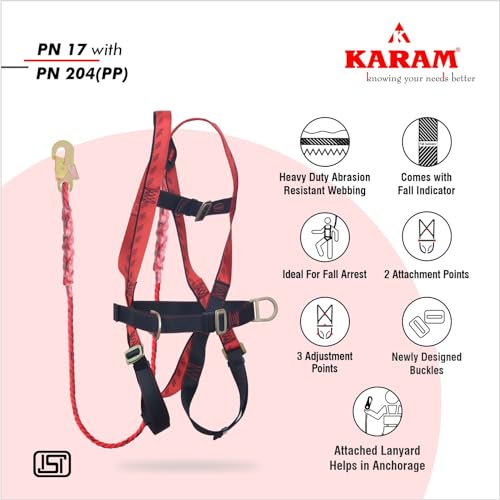 Image of Karam Full Body Safety Harness (Class P) for Fall Arrest & Work Positioning | Lanyard & Scaffolding Hook | Construction Harness & Fall Protection | Adjustable Straps | PN17(PN204)(PP)(000 121)(2.0M)