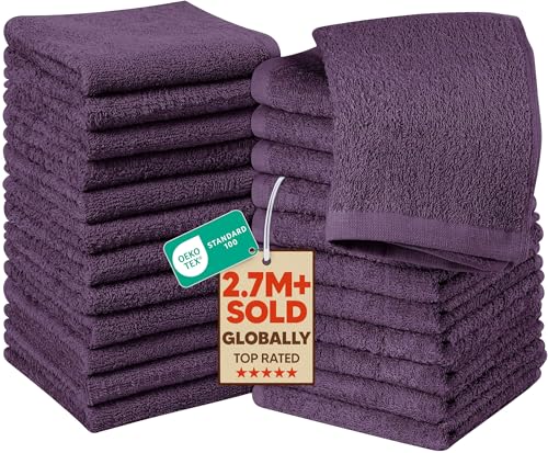 Utopia Towels Cotton Washcloths Set - 100% Ring Spun Cotton, Premium Quality Flannel Face Cloths, Highly Absorbent and Soft Feel Fingertip Towels (24 Pack, Plum)