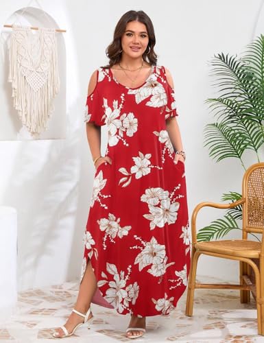 Image of JollieLovin Womens Plus Size Casual Summer Maxi Long Dress Cold Shoulder V Neck Beach Sundresses