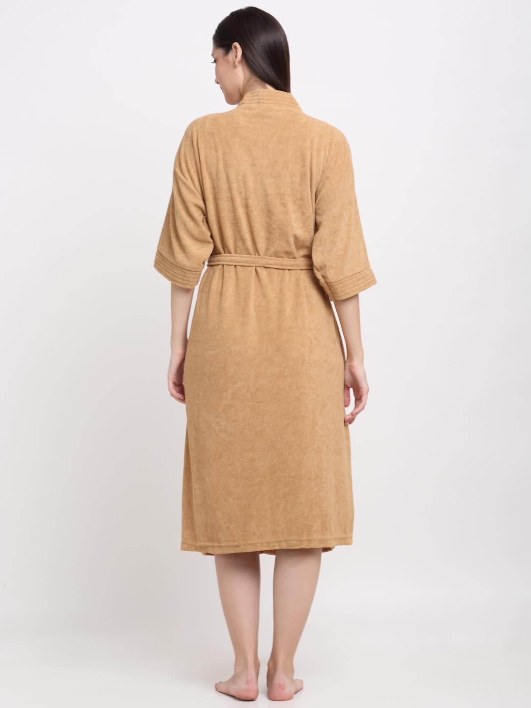 CREEVA Everyday Unisex Micro Terry Bathrobe Collection With kimono collar and 1 Pocket, 3/4 Sleeve Bath Robe Super Soft Light Weight - Camel - Image 3 thumbnail