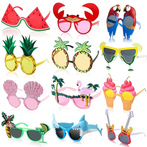 12 Pairs Novelty Party Sunglasses,Funny Luau Party Sunglasses Hawaiian Tropical Beach Glasses Summer Pool Party Sunglass for Beach Themed Party Supplies