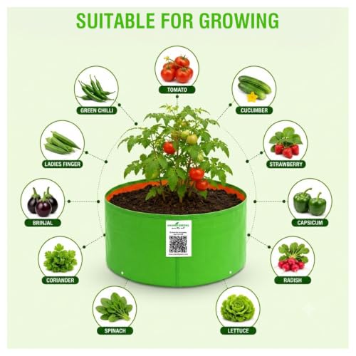 Image of Anandi Green's Premium HDPE Uv Protected 220 GSM Round Shaped Green Colour Plants Grow Bags Suitable for Terrace and Vegetable Gardening (Pack of 10, 9X6 INCH)