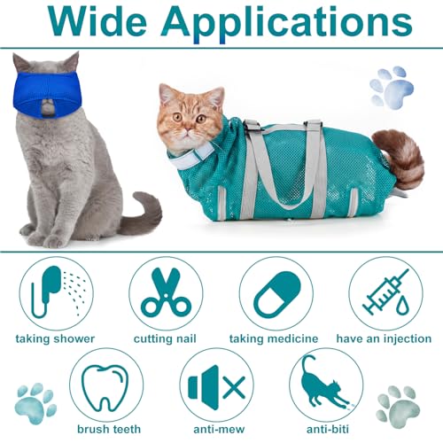 Image of 9 Pcs Cat Bathing Bag Set Shower Bag Anti Bite and Scratch for Pet Grooming Washing Comb Muzzle Nail Clipper Nail File Tick Tool (Sky Blue)